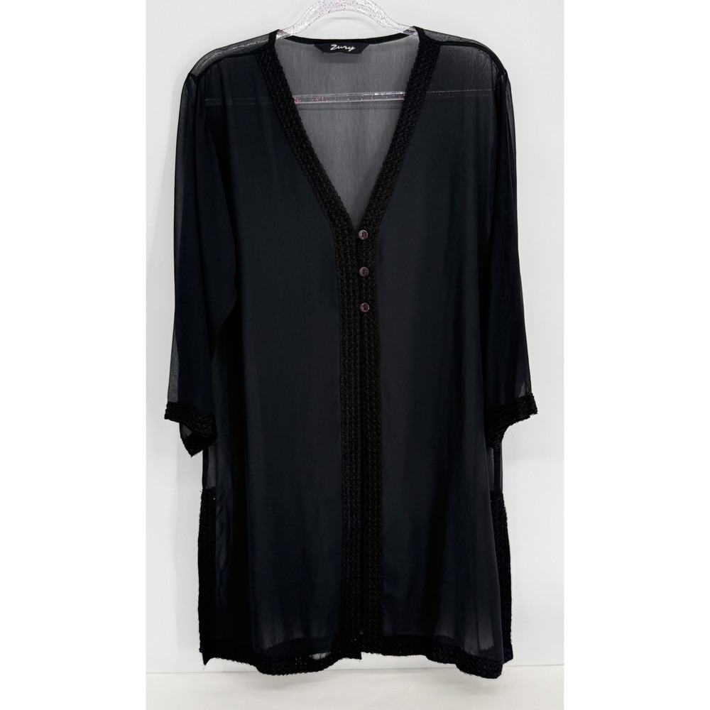 Zury Black Sheer Chiffon Tunic Top Crochet Lace Trim V-Neck Cover Up Womens Sz L